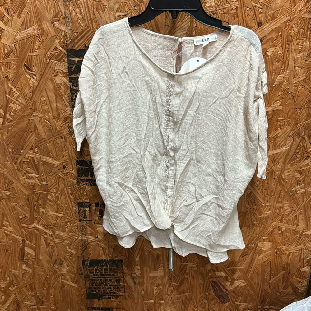 NWT Trendy sheer tan top with tie sleeve detail